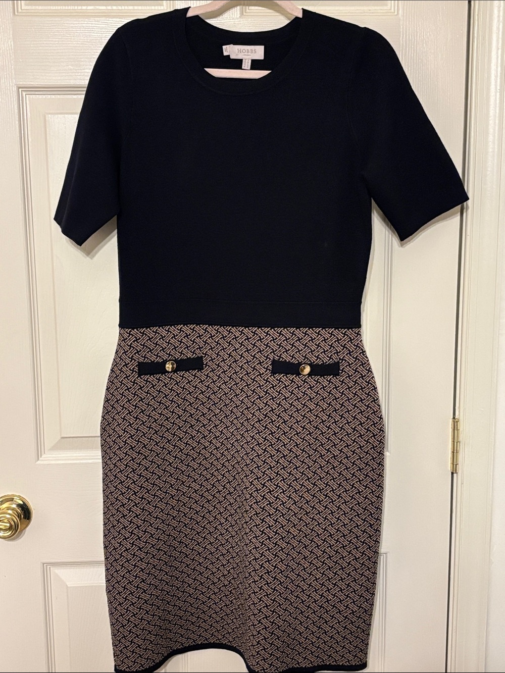 Hobbs Navy & Tan Patterned Knit Dress